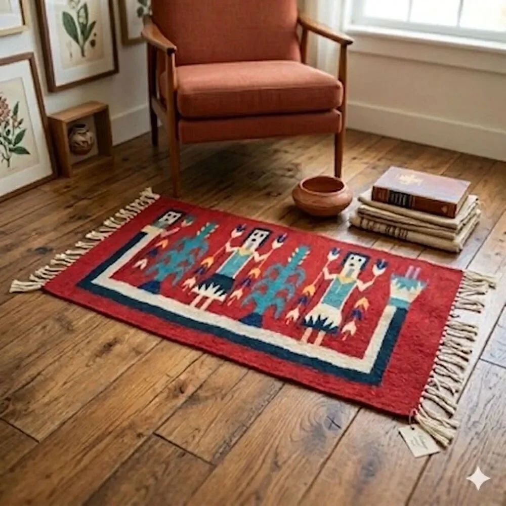 Vintage Southwest Wool Rug 2x4 Woven Tapestry Yei Style Geometric Red Boho Red